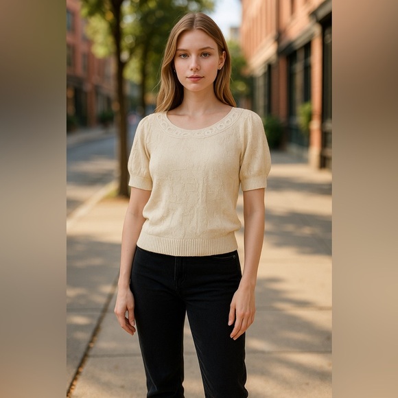 Vintage Petite Ways Off White Cream Short Sleeve Collared Sweater - Picture 1 of 16